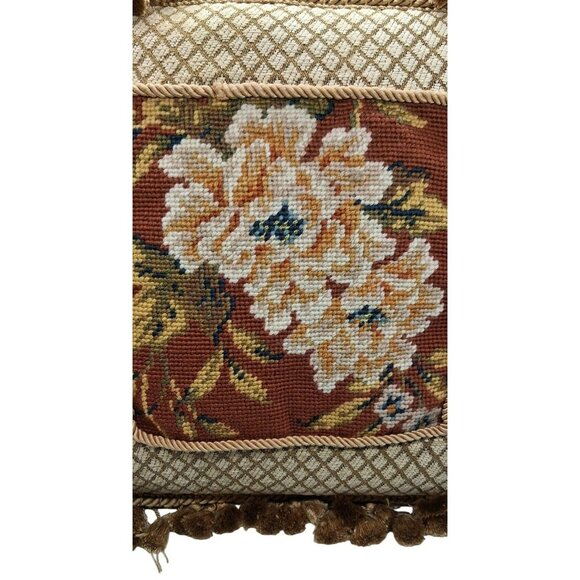 Vintage Floral Needlepoint Tapestry Throw Pillow With Tassel Trim Beige & Rust - Picture 2 of 10